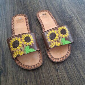 💙 Handmade Leather Sunflower Sandals Slides Size 7.5